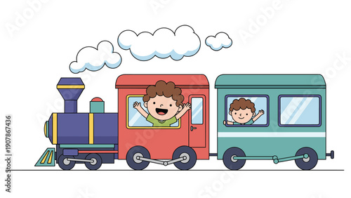 Two happy young boys looking out the windows and waving from a colorful passenger train during a fun railway journey.