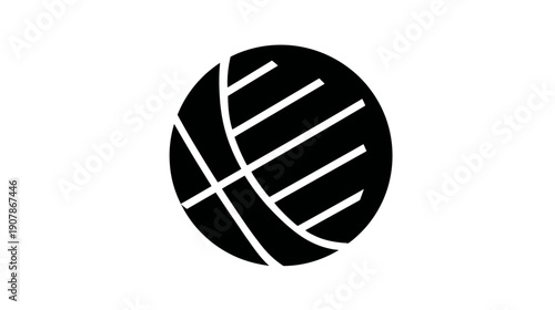 Black and white circular graphic. Curved lines and straight lines create patterns within the circle