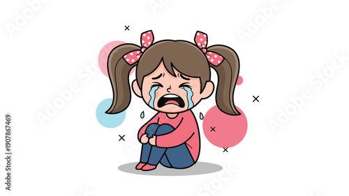 Distressed young girl sitting on the floor while crying loudly with tears streaming down her face and an open mouth.