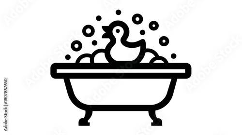 Black and white illustration of a bathtub filled with bubbles and a rubber duck