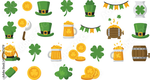 St patricks day icons and symbols including hats beer barrels and shamrocks