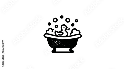 A simple black and white illustration of a bathtub with a rubber ducky, bubbles, and soap