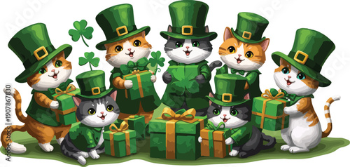 Group of adorable cats wearing green hats and clothes for st patricks day celebration