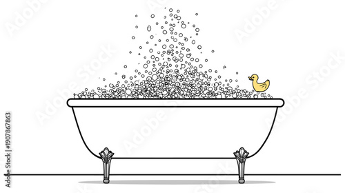 Illustration of a bathtub overflowing with bubbles, a yellow rubber duck sits on the edge