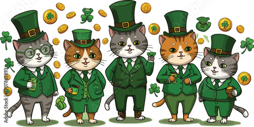 Five cartoon cats in green suits and top hats celebrating st patricks day together
