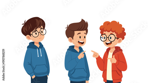 Three young friends in hoodies having a lively discussion where one boy is listening while the others are talking and gesturing.
