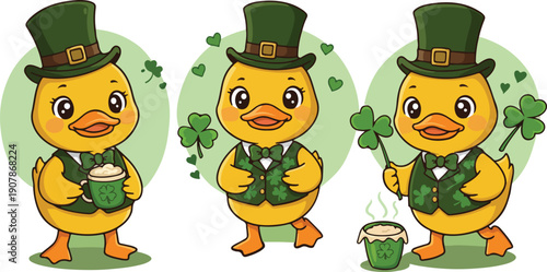 Three adorable cartoon ducks dressed for st patrick s day in green hats and clothes