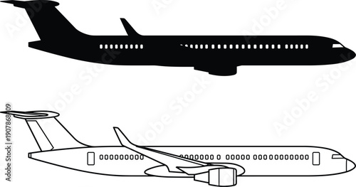Side view silhouette and outline vector illustration of a modern commercial narrow body passenger airplane with T-tail and winglets isolated.