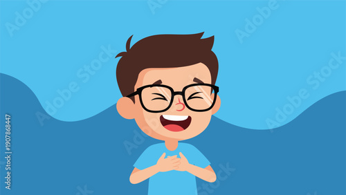 Close up portrait of a happy young boy with glasses laughing with his eyes closed and hands on his chest in pure joy.