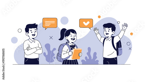 Group of diverse school students with backpacks talking and laughing together in a modern stylized school hallway.