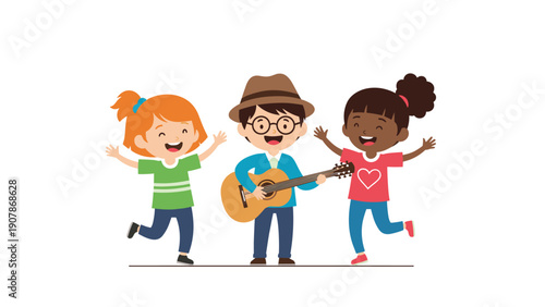 Talented young boy playing the guitar while two happy girls dance and sing along joyfully in a fun musical performance.