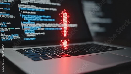 Warning Alert in Code: Animated Red Exclamation Mark on a Laptop Display Highlighting Issues