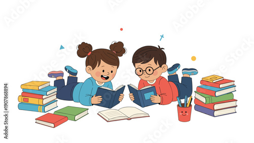 Young boy and girl lie on the floor together while enjoying their time reading books from large colorful stacks in a library.