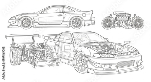 Detailed Car Blueprint Schematics and Engine Illustration.