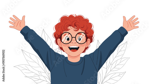 Enthusiastic young boy with curly red hair and glasses raises his arms in excitement against a decorative leaf background.