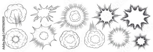 line speed cartoon motion effect collection, comic boom burst explosions, smoke impact shapes, fast action lines, vector icon elements pack premium.