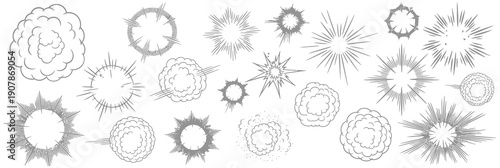 line speed cartoon action lines set, comic boom explosive bursts, smoke motion elements, dynamic impact graphics, vector icon design resources.