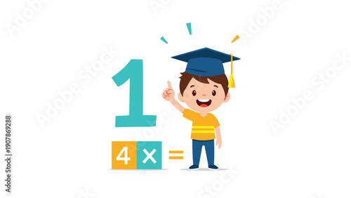 Smart young student wearing a graduation cap points up at a large number one while solving a simple multiplication problem.