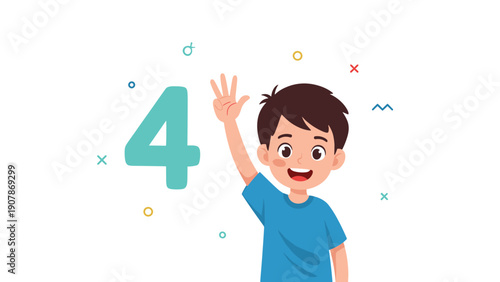 Smiling boy with short brown hair raises his hand to show four fingers while standing next to a large turquoise number four.