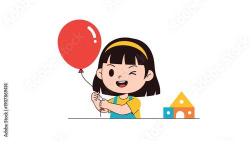 Cute little girl with black hair and a yellow headband holds a red balloon while playing with colorful blocks on the floor.