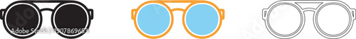 Set of three stylized eyeglasses icons, featuring black, orange with blue lenses, and outlined designs, offering a versatile visual selection