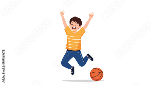 Enthusiastic young boy in a striped yellow shirt and blue pants jumps in the air with a basketball at his feet.