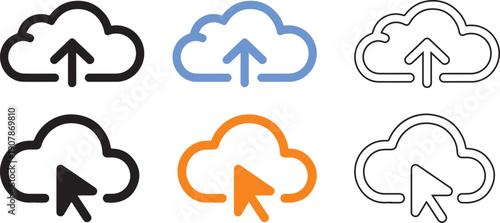 Collection of distinct cloud computing icons illustrating data upload, download, and cursor interaction for web and app interfaces