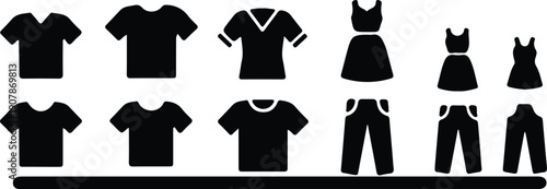 silhouette collection of various clothing items t shirts dresses pants vector design