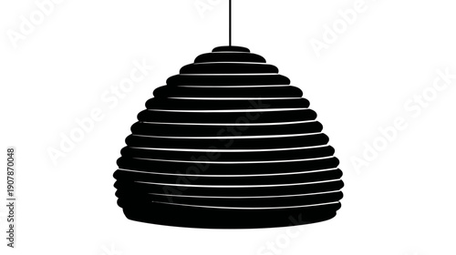 A geometric abstract image of a beehive-like object in black and white, suspended by a line
