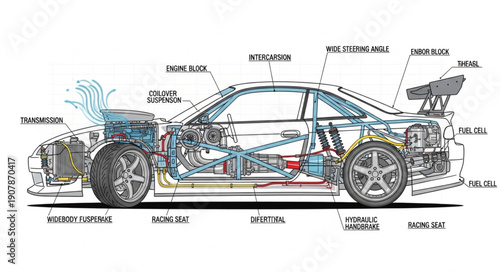 Detailed Car Engine And Chassis Diagram With Labels.