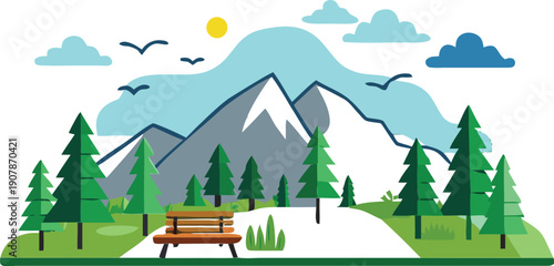 Serene vector illustration depicting a peaceful mountain landscape scene featuring evergreen trees a wooden bench and a bright sun in a blue sky