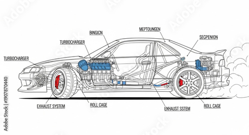Detailed Car Engine and Chassis Diagram.