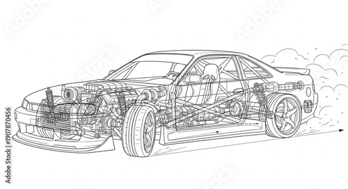 Detailed Car Engine Blueprint Illustration.