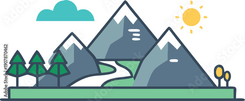 Minimalist flat design illustration depicting a serene mountain landscape scene with evergreen trees under a bright sunny sky