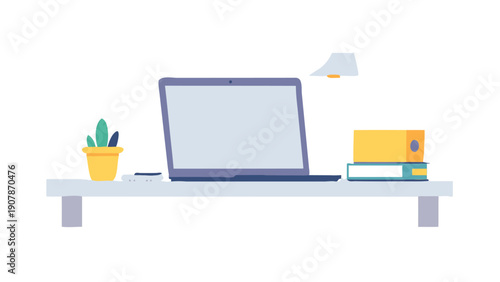 Minimalist illustration of an organized desk setup featuring a laptop next to potted succulent and stacked binders for remote work concept
