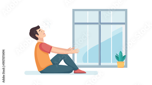Young man sitting indoors near a bright window experiencing dizziness vertigo or feeling overwhelmed by circular motion sensations