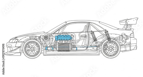 Detailed Car Engine Diagram Blueprint Illustration.