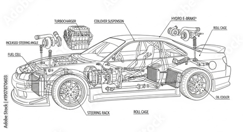 Detailed Car Engine Mechanical Diagram Illustration.