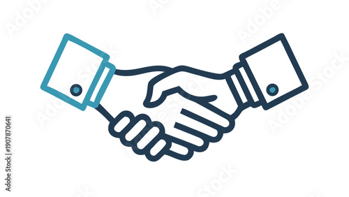 Stylized two-tone icon depicting a firm handshake between business professionals symbolizing partnership agreement or successful collaboration completion