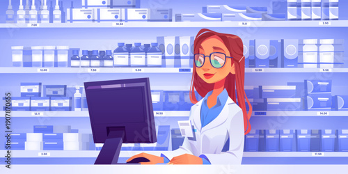 Pharmacist at counter in pharmacy with medicines