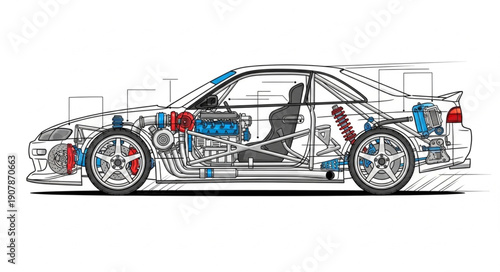 Detailed Car Engine Mechanical Diagram Illustration.