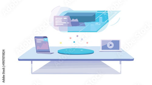 Futuristic holographic data visualization interface projecting abstract analytics above a clean modern desk setup with two laptops.
