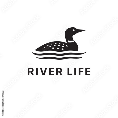 Blackandwhite illustration of a loon bird swimming on water with river life branding
