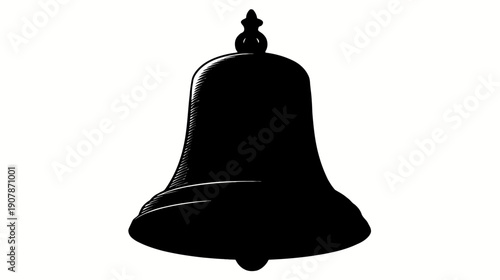 A black and white illustration of a bell, with detailed shading and a decorative top