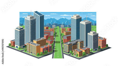 Modern urban cityscape with skyscrapers and greenery in isometric style