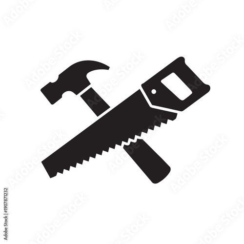 Black silhouette of a hammer and a handsaw crossed over each other