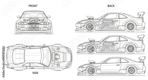 Detailed Car Blueprint Technical Drawing.