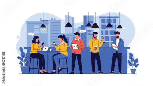Group of young professionals works remotely and connects online using various digital devices in a modern cafe with a city view.