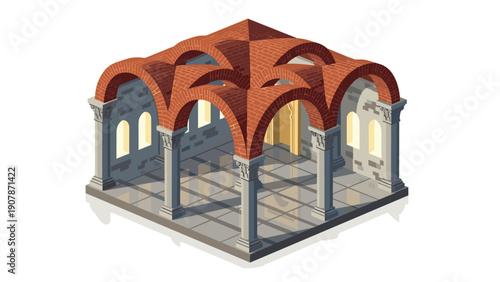 Isometric medieval architecture with arched ceiling and stone columns