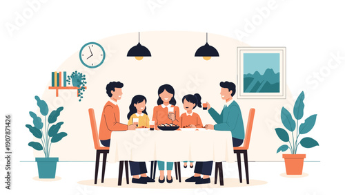 Happy family with children enjoys a nutritious dinner together in a warm and inviting dining room at home.